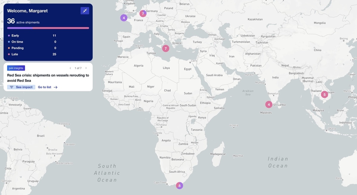 Mapa de Movement que muestra los 36 envíos activos que se encuentran en buques que se desvían para evitar el mar Rojo