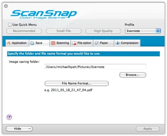 ScanSnap Settings - Tab 2