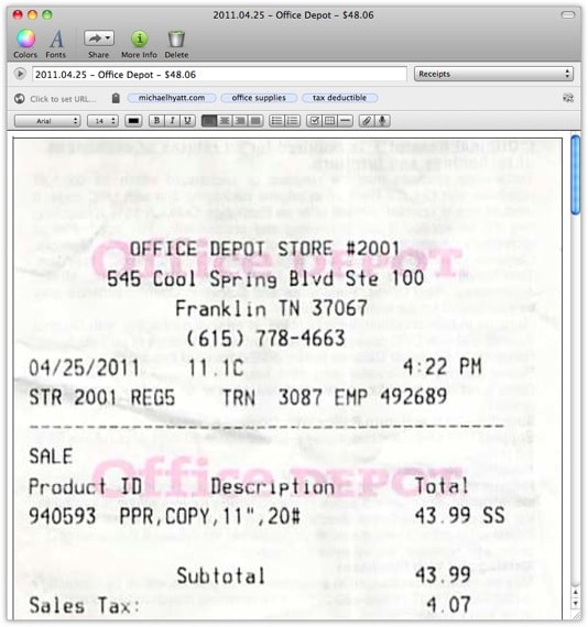 Sample of a scanned receipt in Evernote