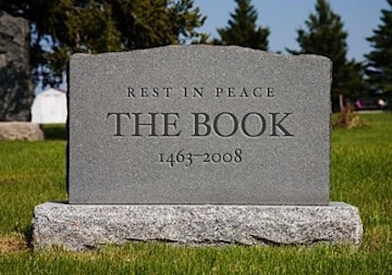 a tombstone for books, rip